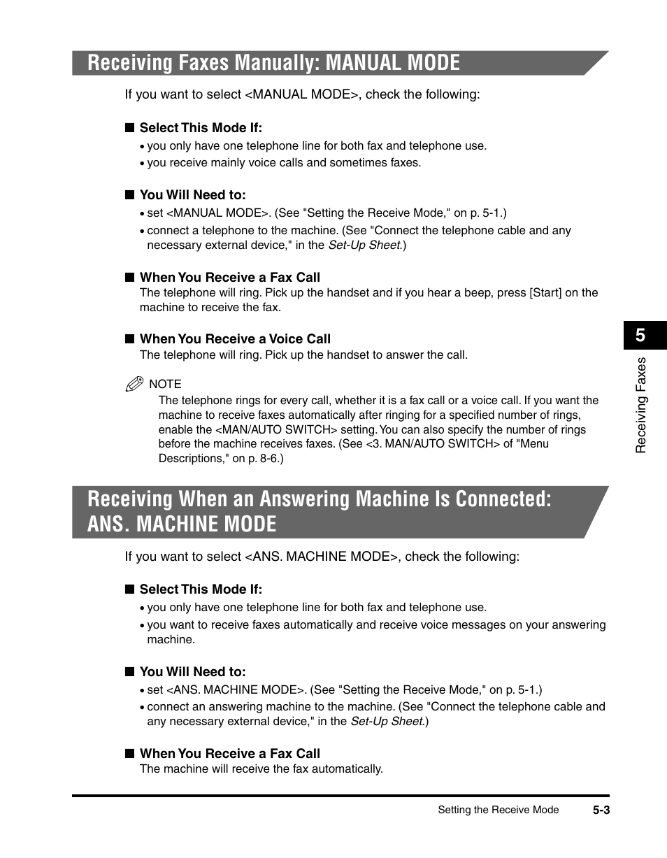 Receiving faxes manually: manual mode | Canon MF5550 User Manual | Page 57 / 98