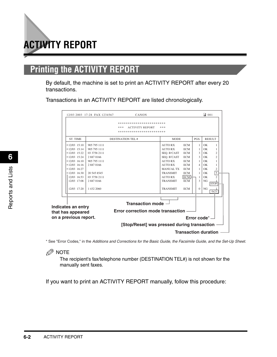 Activity report, Printing the activity report, P. 6-2 | Repor ts and lists, Error correction mode transaction | Canon MF5550 User Manual | Page 64 / 98