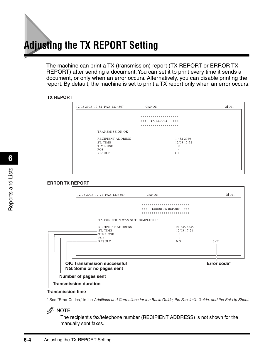 Adjusting the tx report setting, P. 6-4, Repor ts and lists | Canon MF5550 User Manual | Page 66 / 98