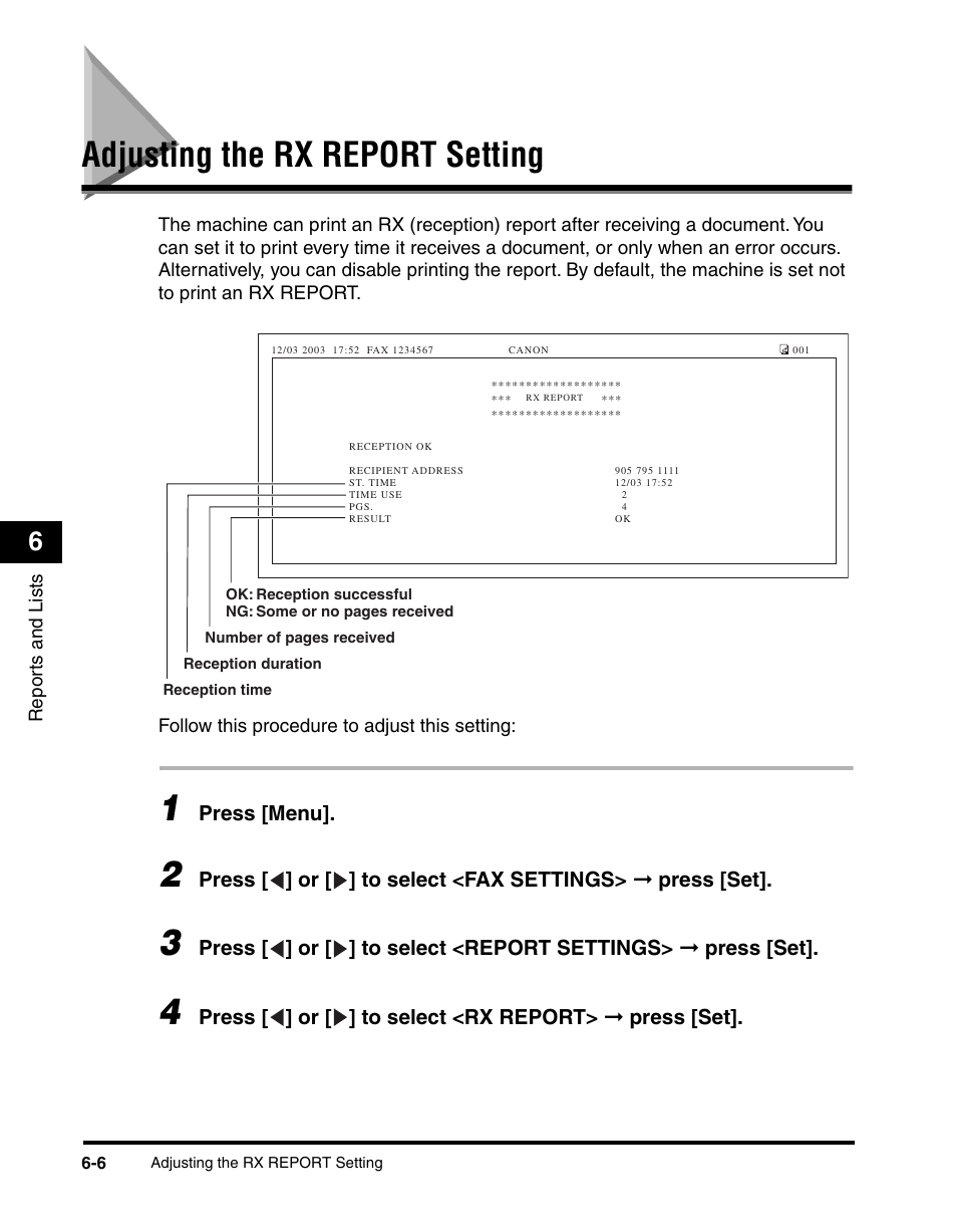 Adjusting the rx report setting, P. 6-6 | Canon MF5550 User Manual | Page 68 / 98
