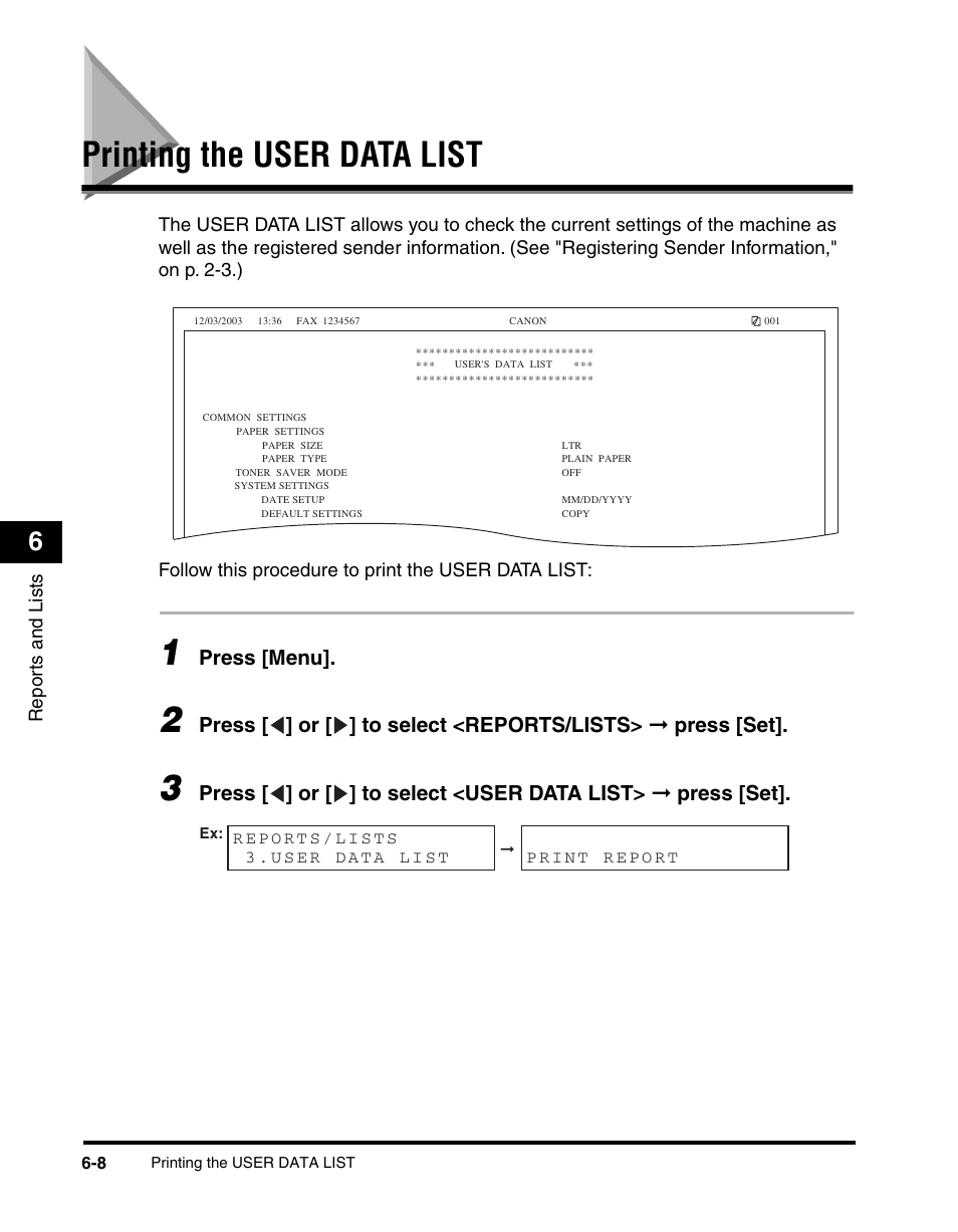 Printing the user data list, P. 6-8, Press [menu | Repor ts and lists | Canon MF5550 User Manual | Page 70 / 98