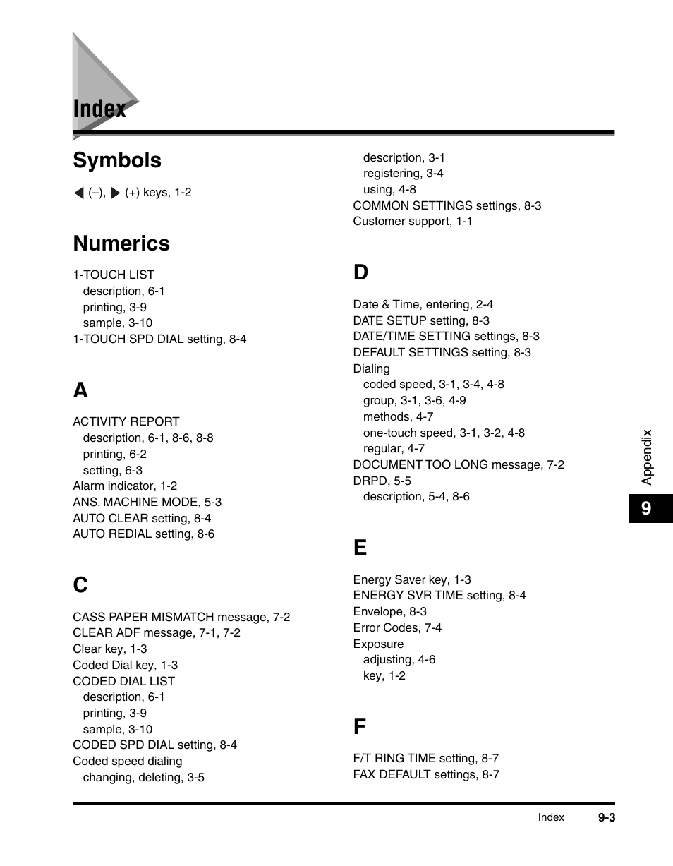 Index, Index -3, Symbols | Numerics | Canon MF5550 User Manual | Page 95 / 98