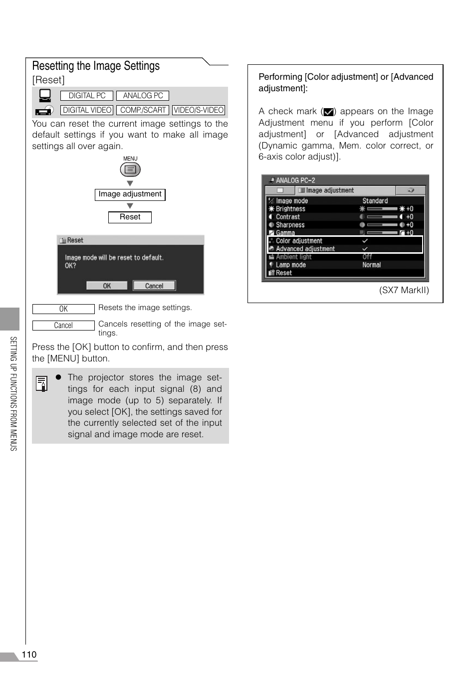 Resetting the image settings, Reset | Canon SX7 MARKII User Manual | Page 110 / 146