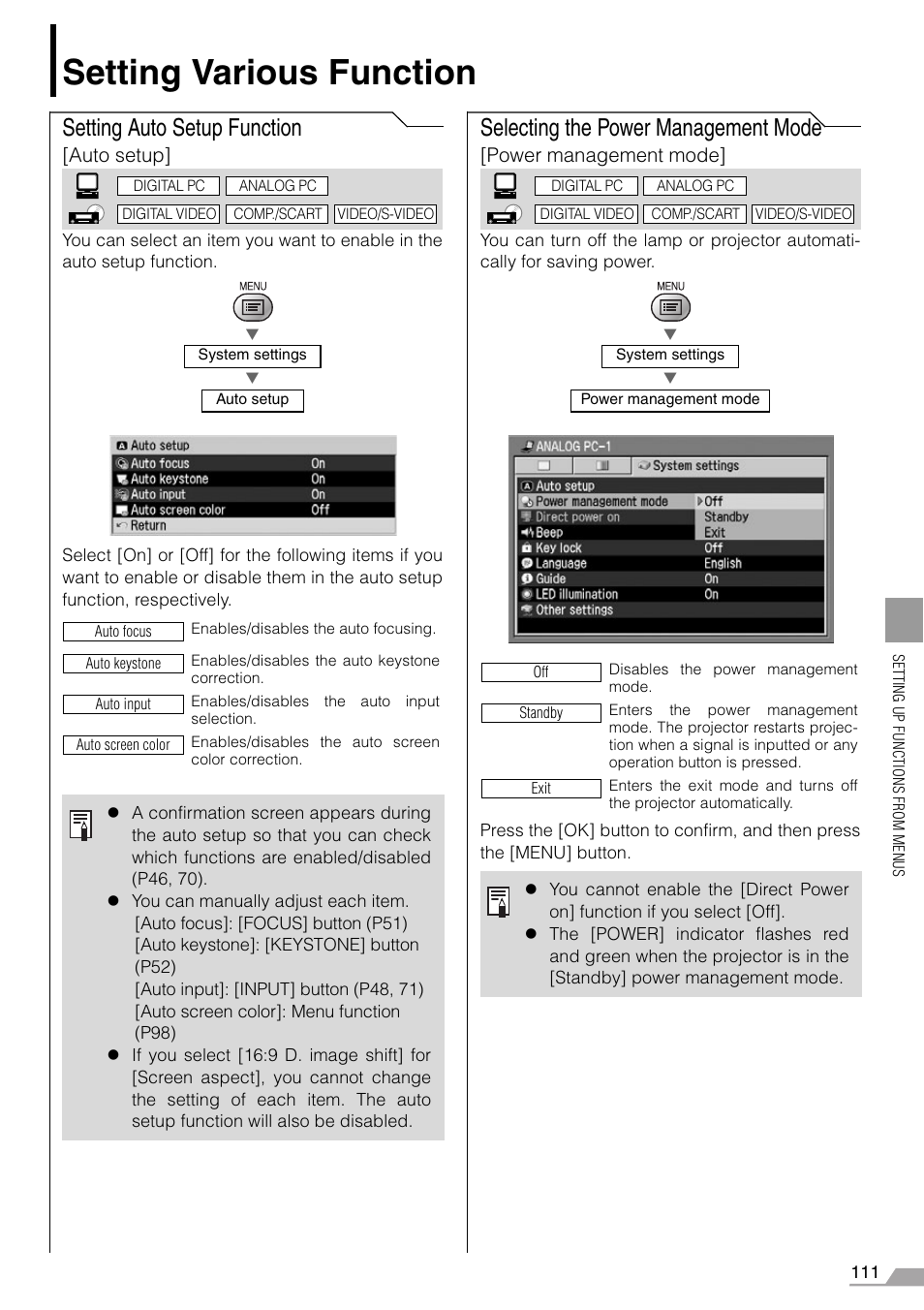 Setting various function, Setting auto setup function, Selecting the power management mode | Canon SX7 MARKII User Manual | Page 111 / 146
