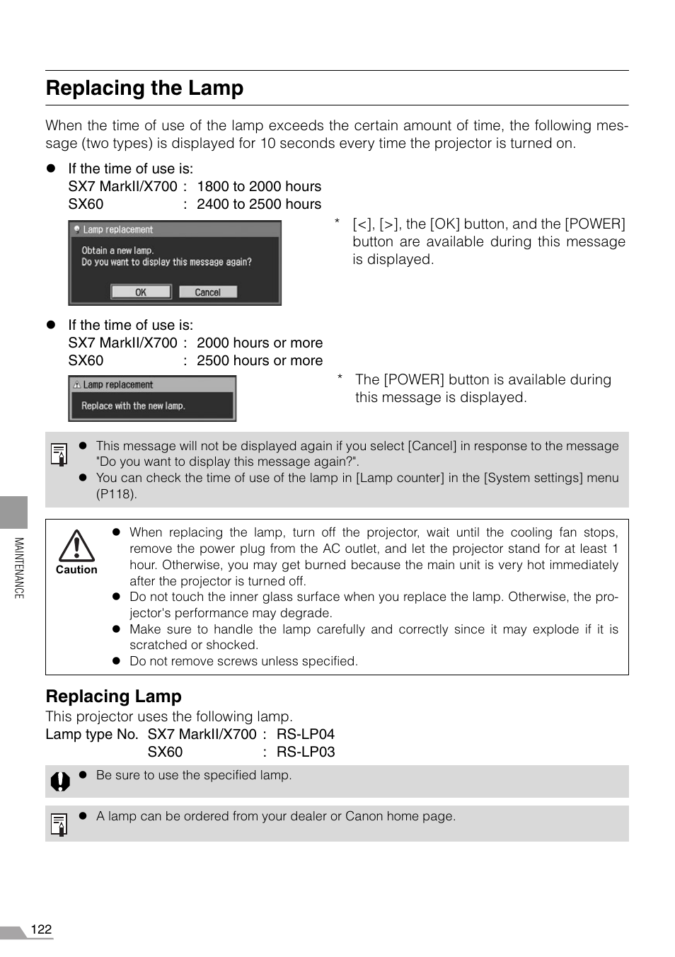 Replacing the lamp, Replacing lamp | Canon SX7 MARKII User Manual | Page 122 / 146