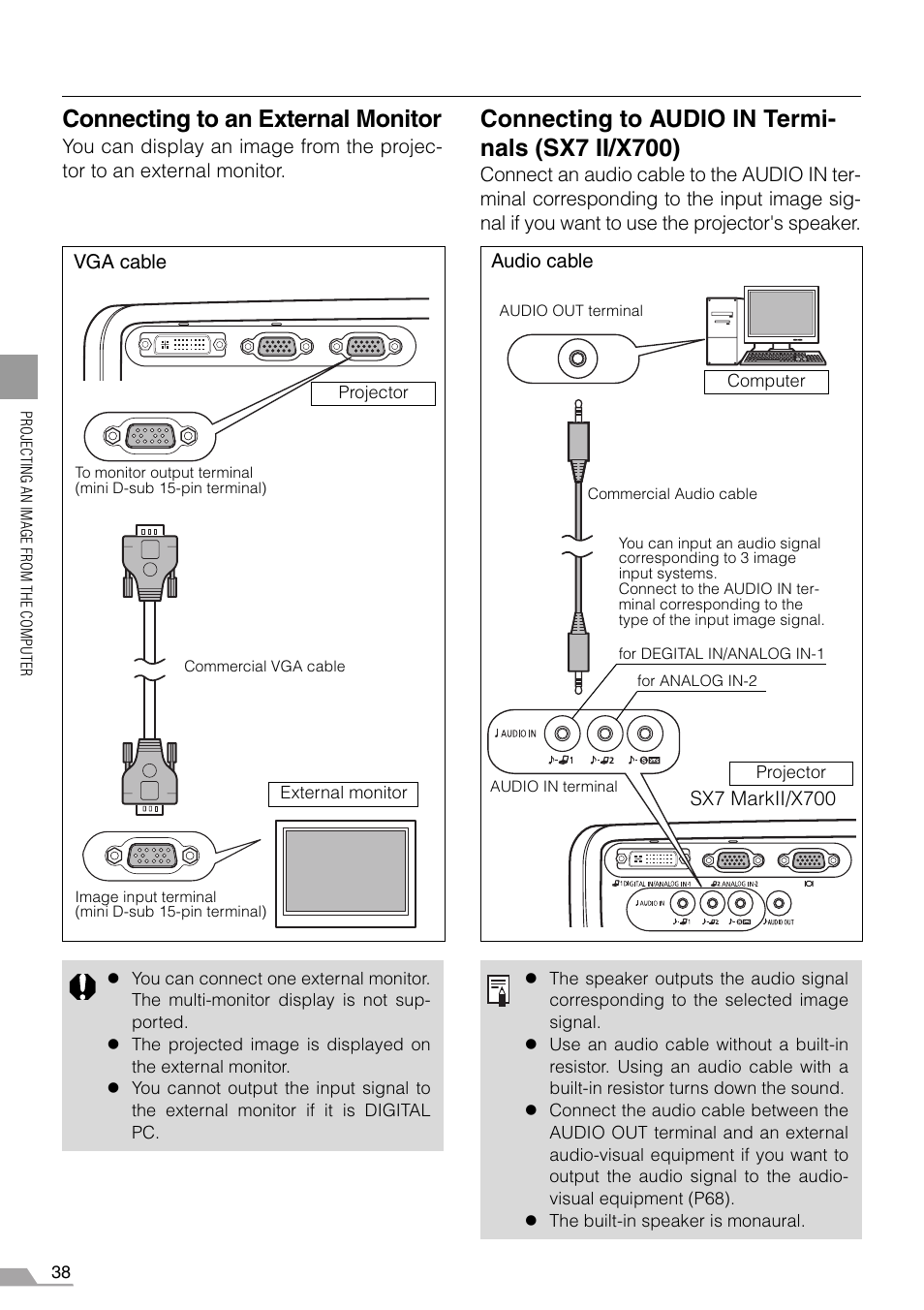 Connecting to an external monitor, Connecting to audio in termi- nals (sx7 ii/x700) | Canon SX7 MARKII User Manual | Page 38 / 146