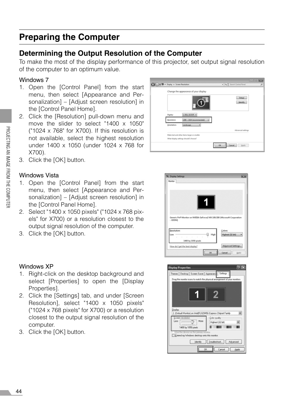 Preparing the computer, P44-45, Determining the output resolution of the computer | Canon SX7 MARKII User Manual | Page 44 / 146