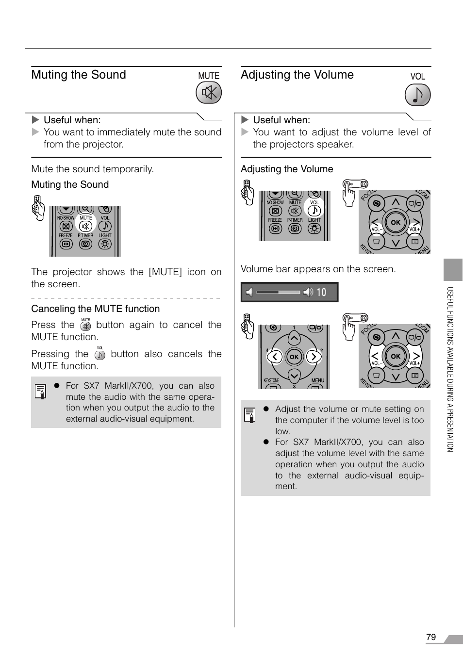 Muting the sound, Adjusting the volume, Muting the sound adjusting the volume | P79), Tton (p79) | Canon SX7 MARKII User Manual | Page 79 / 146