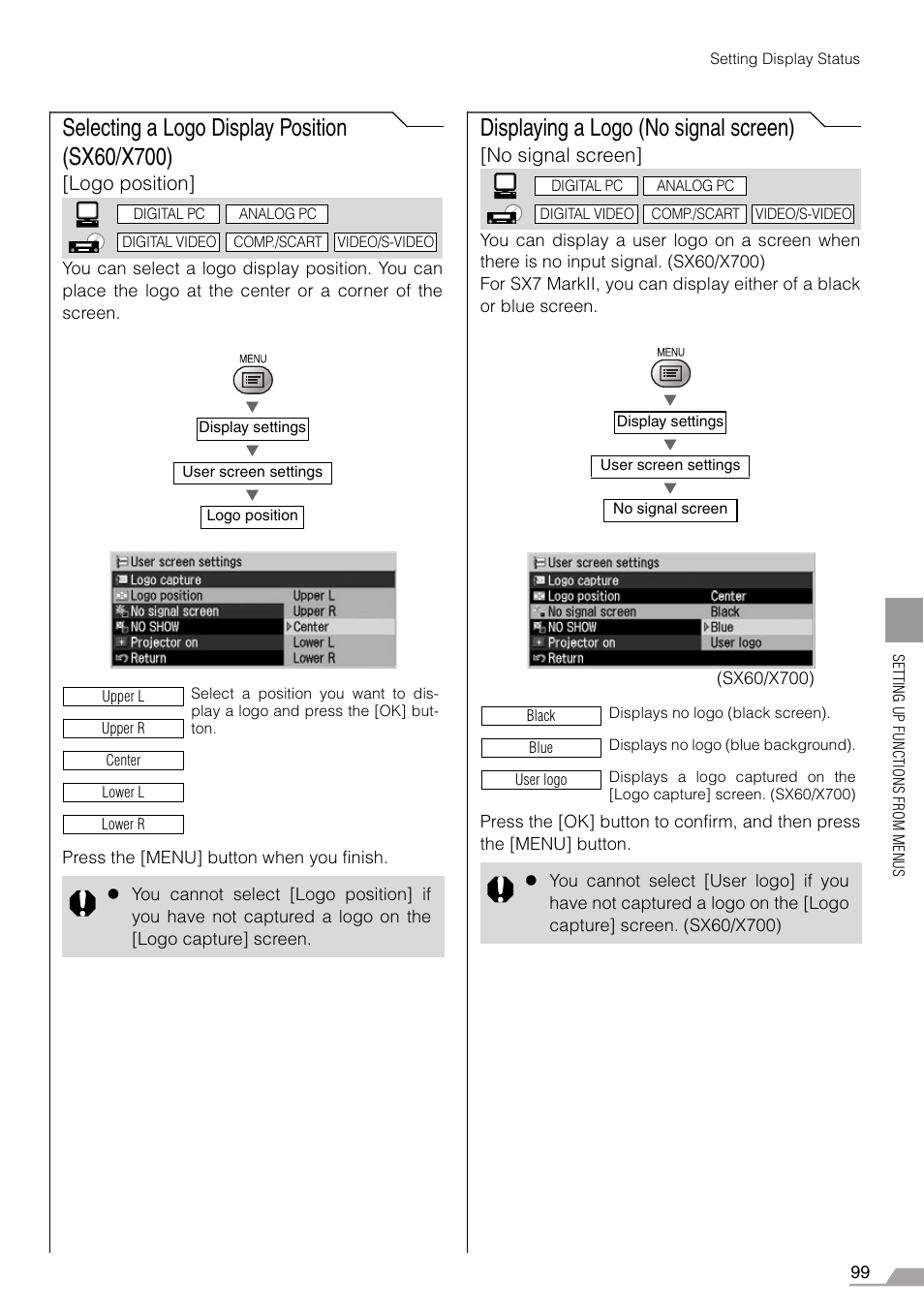 Selecting a logo display position (sx60/x700), Displaying a logo (no signal screen), Logo position | No signal screen | Canon SX7 MARKII User Manual | Page 99 / 146