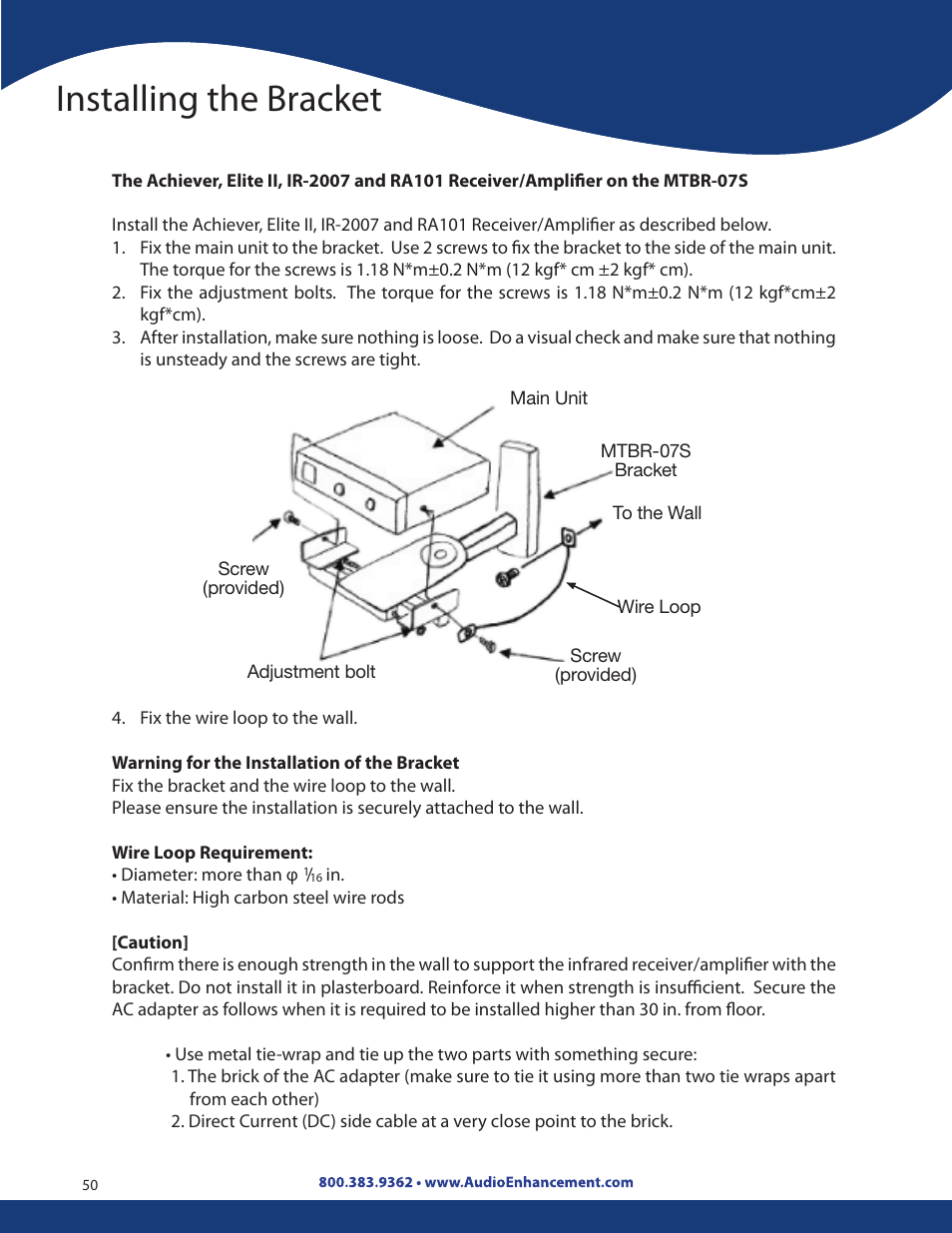 Installing the bracket | Audio Enhancement Product Manual User Manual | Page 50 / 59