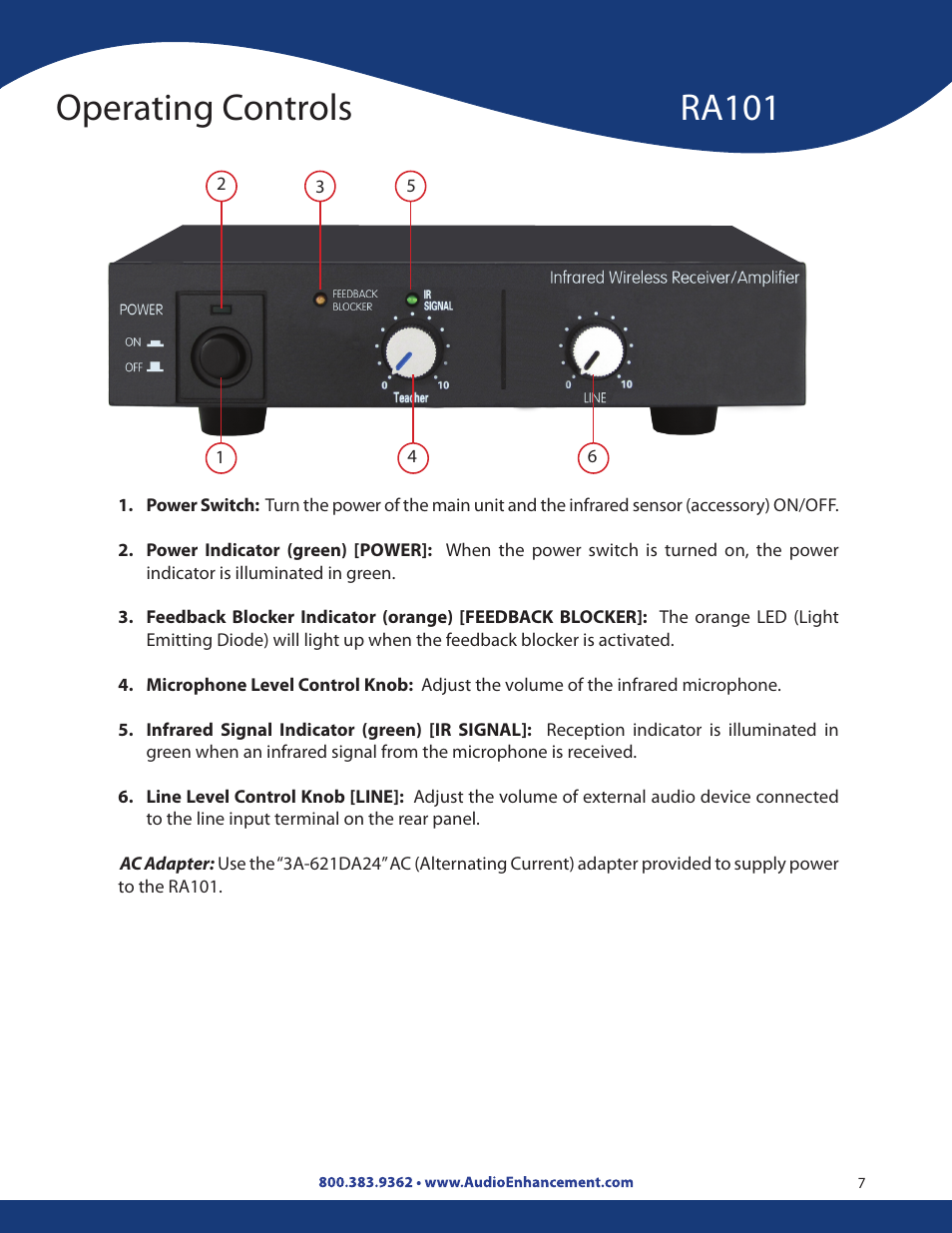 Operating controls ra101 | Audio Enhancement Product Manual User Manual | Page 7 / 59