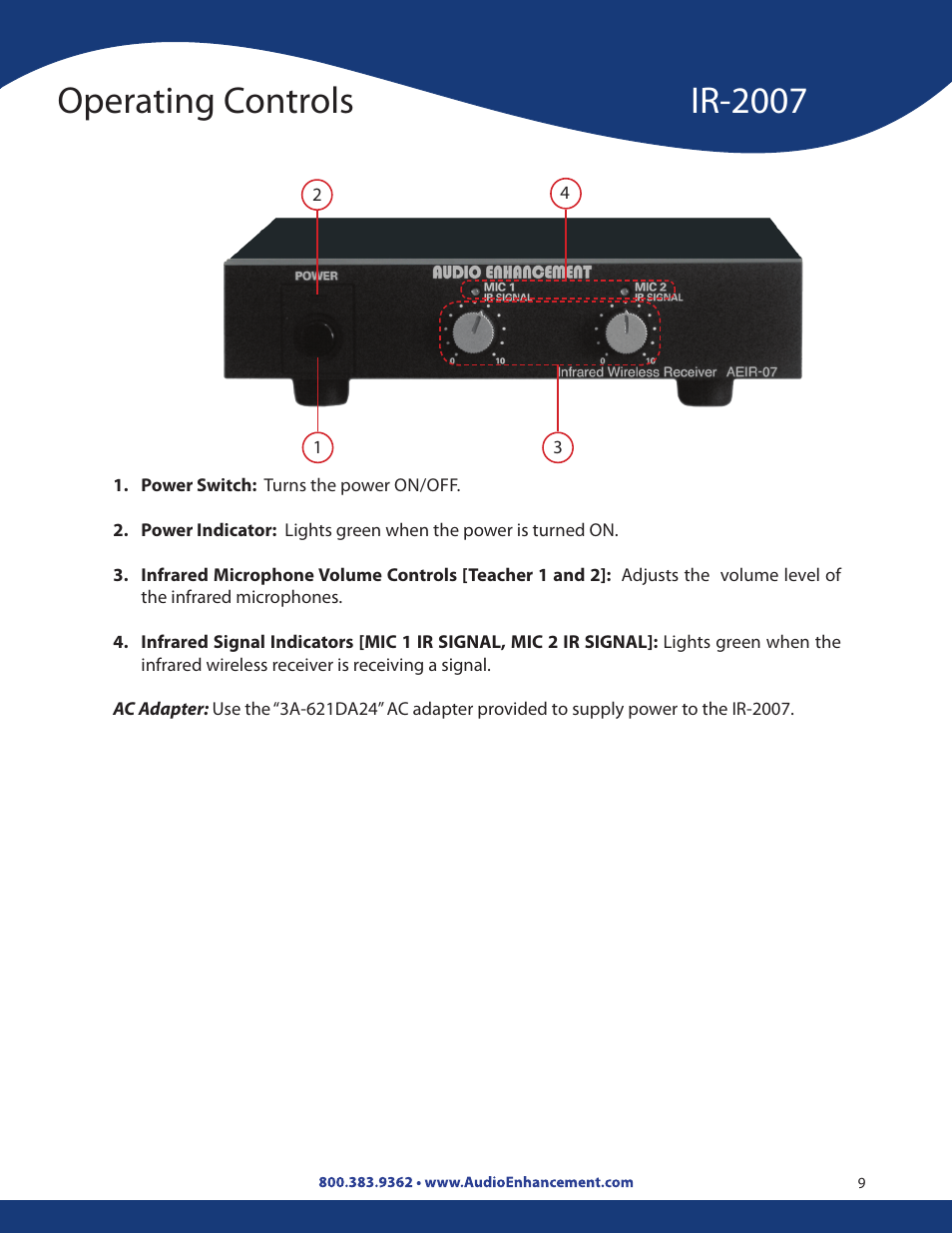 Operating controls ir-2007 | Audio Enhancement Product Manual User Manual | Page 9 / 59