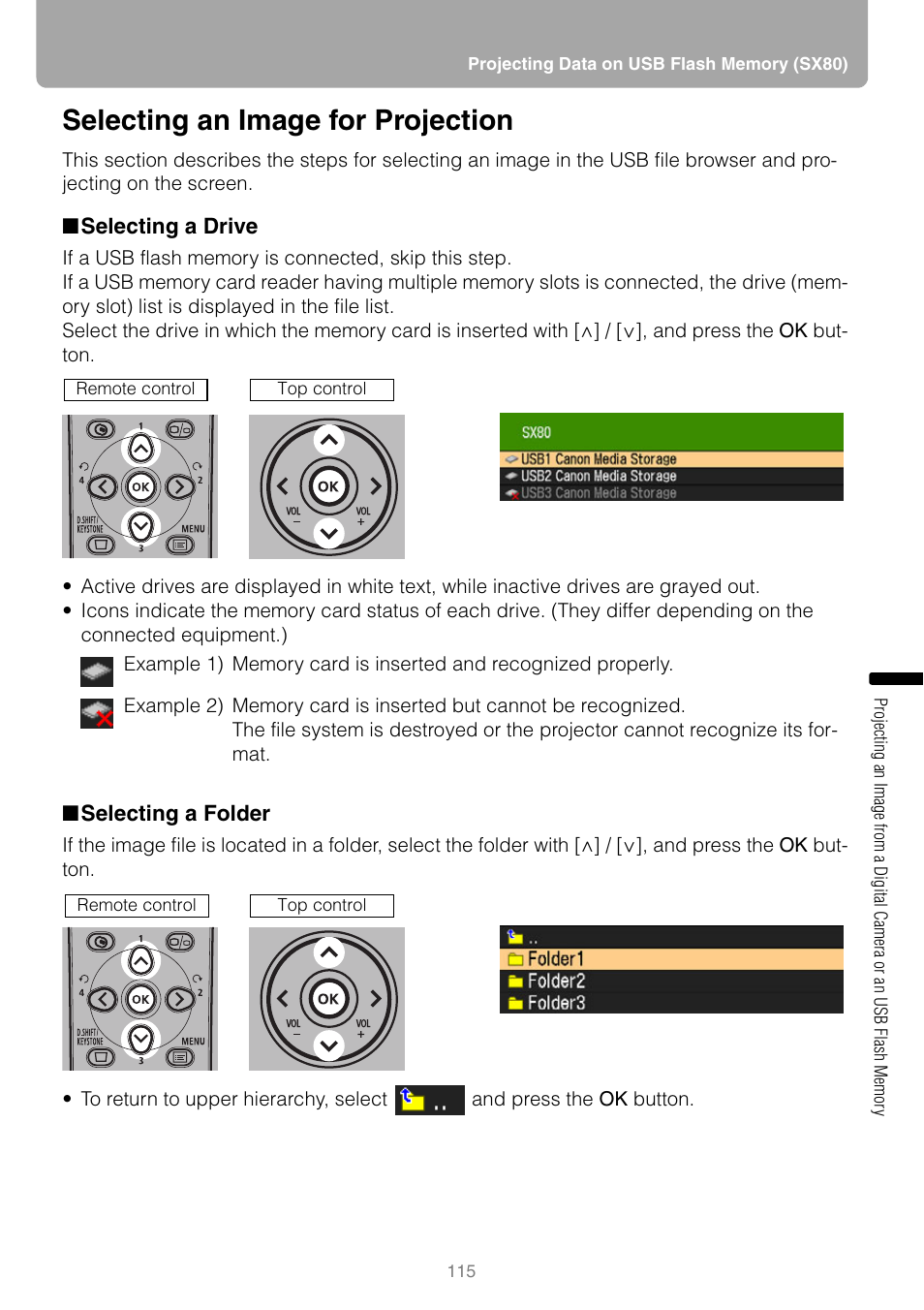 Selecting an image for projection, Selecting a drive, Selecting a folder | Canon HDMI SX800 User Manual | Page 115 / 154