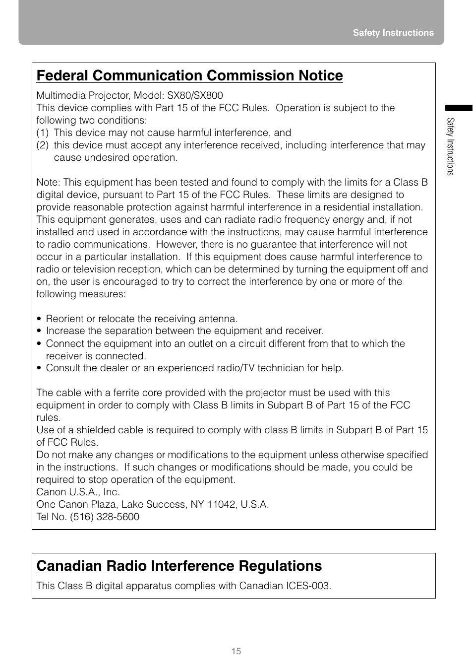 Federal communication commission notice, Canadian radio interference regulations | Canon HDMI SX800 User Manual | Page 15 / 154