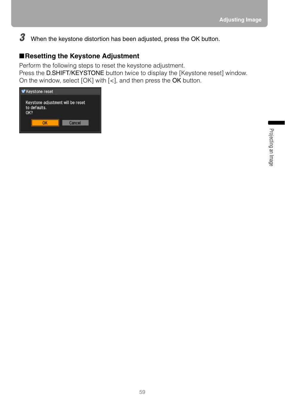 Resetting the keystone adjustment | Canon HDMI SX800 User Manual | Page 59 / 154