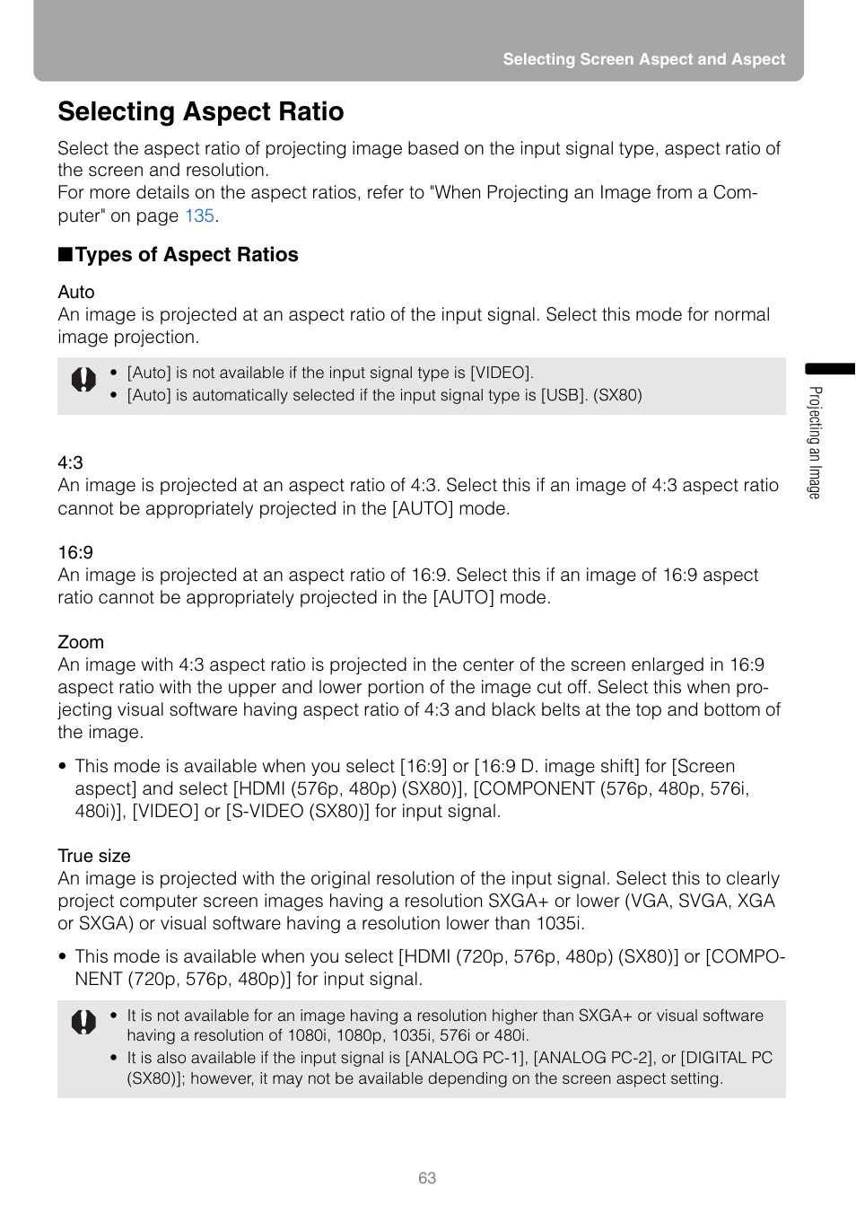 Selecting aspect ratio, Types of aspect ratios | Canon HDMI SX800 User Manual | Page 63 / 154