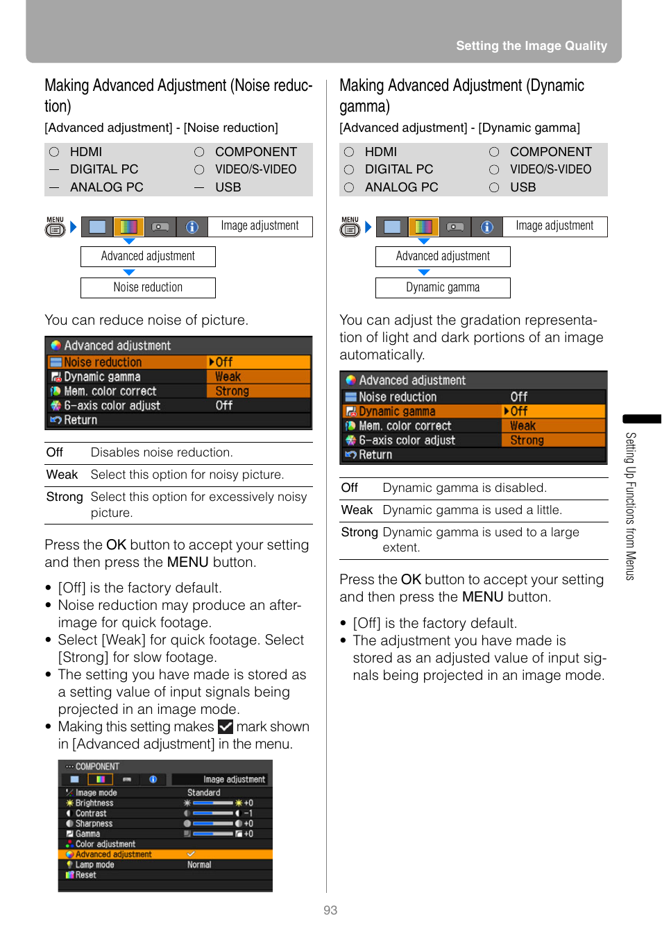 Making advanced adjustment (noise reduction), Making advanced adjustment (dynamic gamma), Making advanced adjustment (noise reduc- tion) | Canon HDMI SX800 User Manual | Page 93 / 154