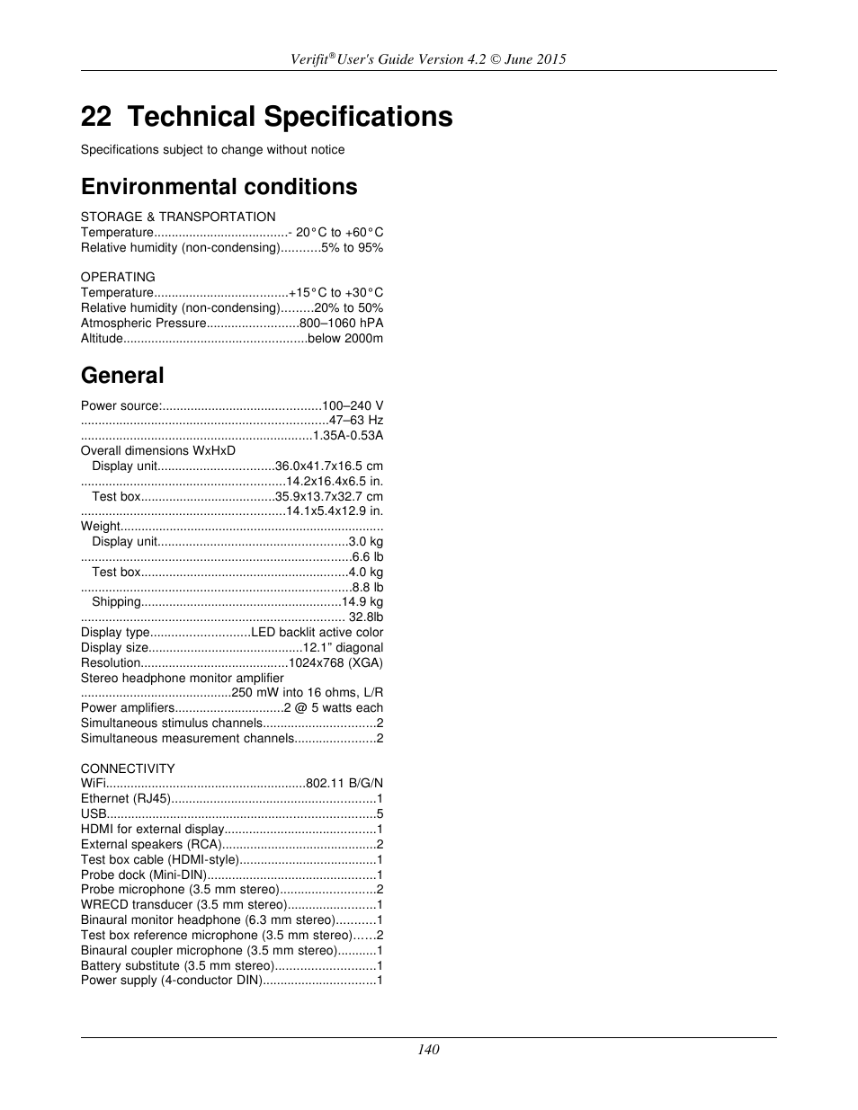 22 technical specifications, Environmental conditions, General | Audioscan Verifit 2 User Manual | Page 140 / 156