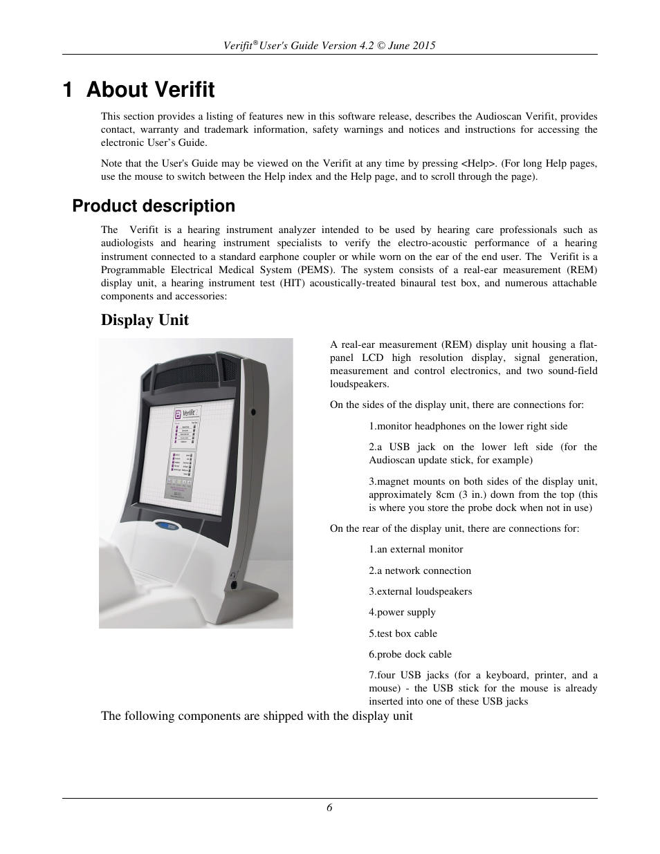 1 about verifit, Product description, Display unit | Audioscan Verifit 2 User Manual | Page 6 / 156