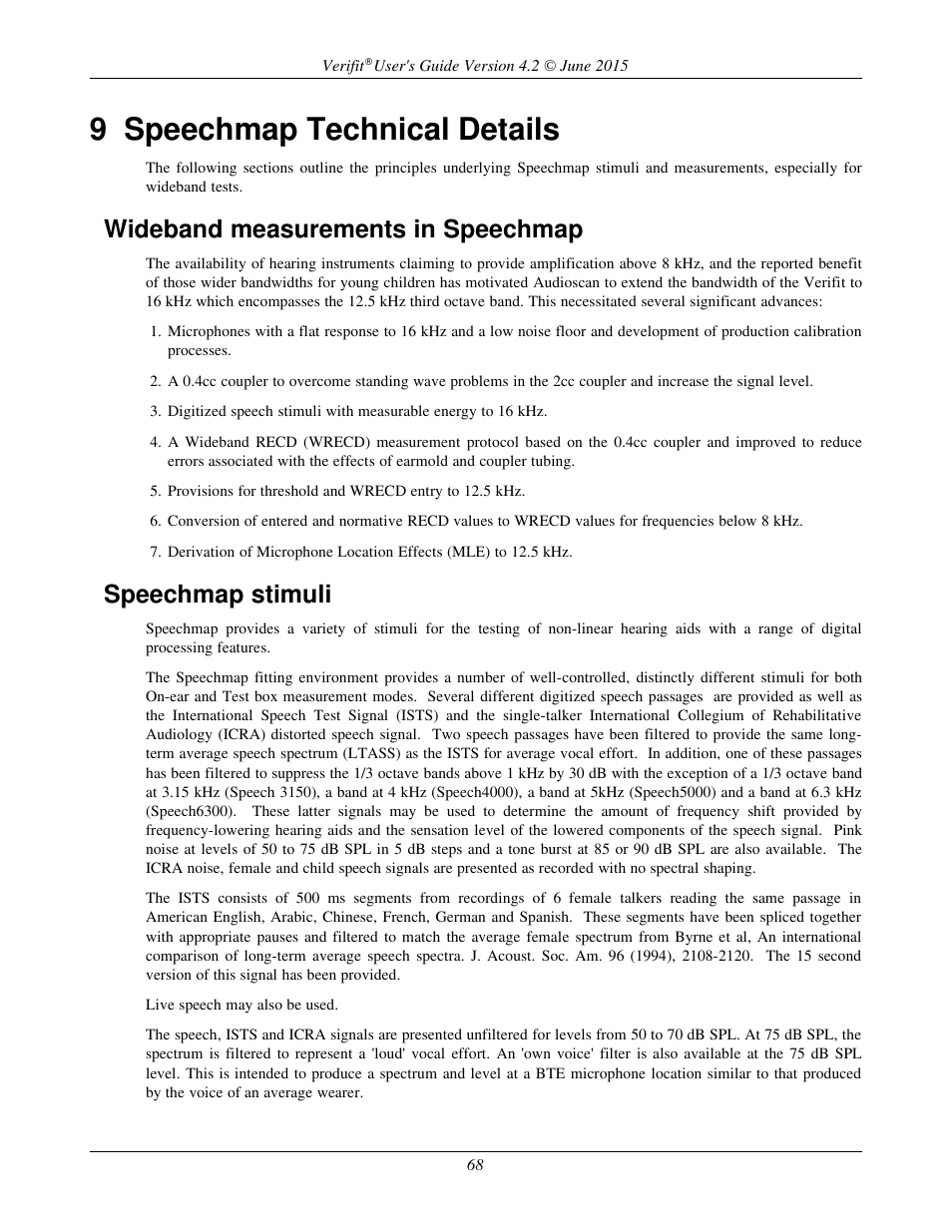 9 speechmap technical details, Wideband measurements in speechmap, Speechmap stimuli | Audioscan Verifit 2 User Manual | Page 68 / 156