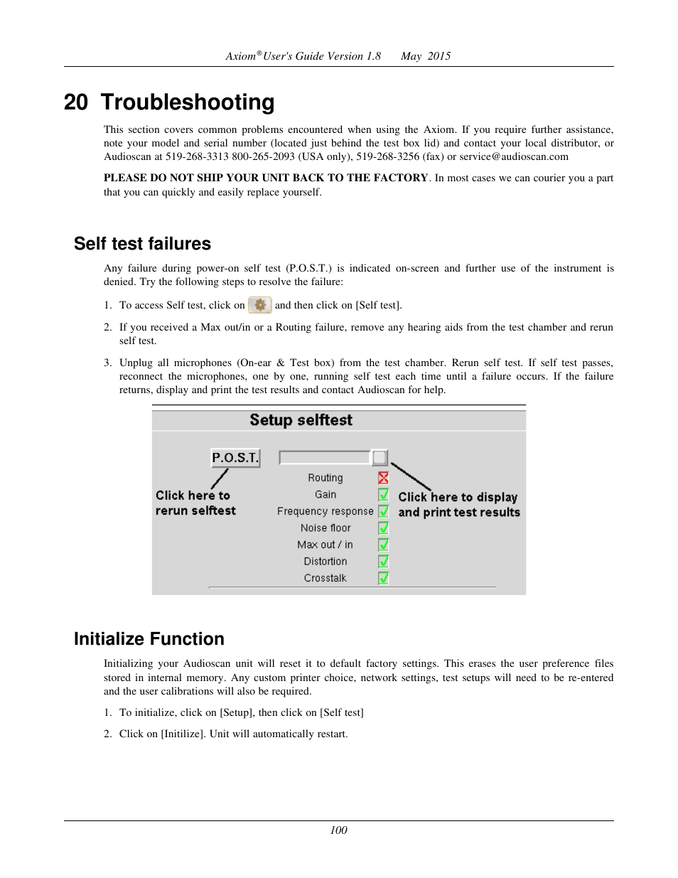 Test box high distortion or noise, Test box curves inconsistent, Test box curves differ from specifications | Test box speaker overdriven, 20 troubleshooting, Self test failures, Initialize function | Audioscan Axiom User Manual | Page 100 / 130