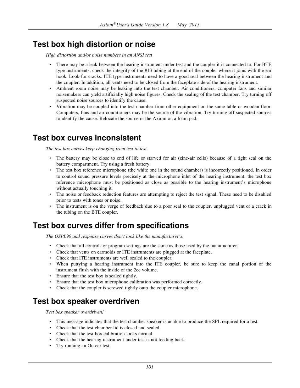 No test box reference mic. detected, Invalid test box calibration, No on-ear ref. mic. detected | Invalid on-ear calibration, Test box high distortion or noise, Test box curves inconsistent, Test box curves differ from specifications, Test box speaker overdriven | Audioscan Axiom User Manual | Page 101 / 130