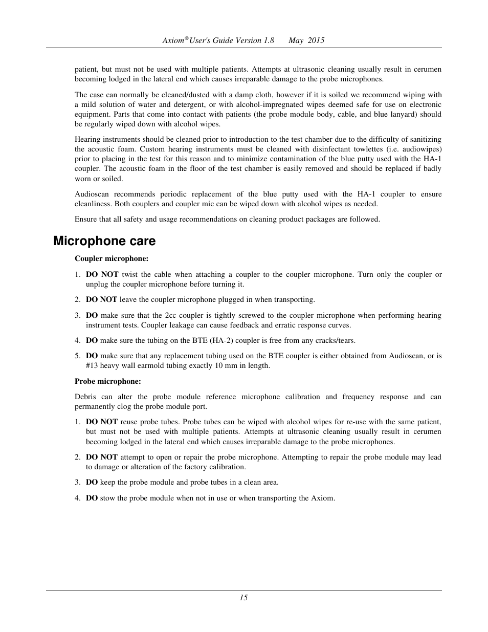 Microphone care | Audioscan Axiom User Manual | Page 15 / 130