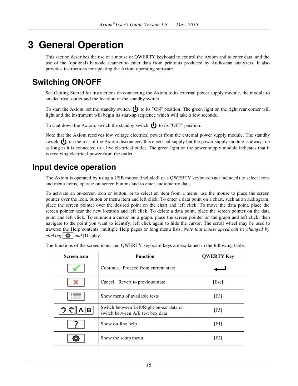 3 general operation, Switching on/off, Input device operation | Audioscan Axiom User Manual | Page 16 / 130