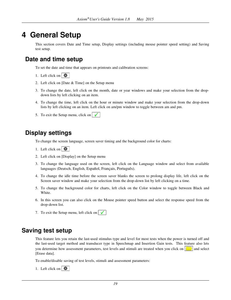 4 general setup, Date and time setup, Display settings | Saving test setup | Audioscan Axiom User Manual | Page 19 / 130
