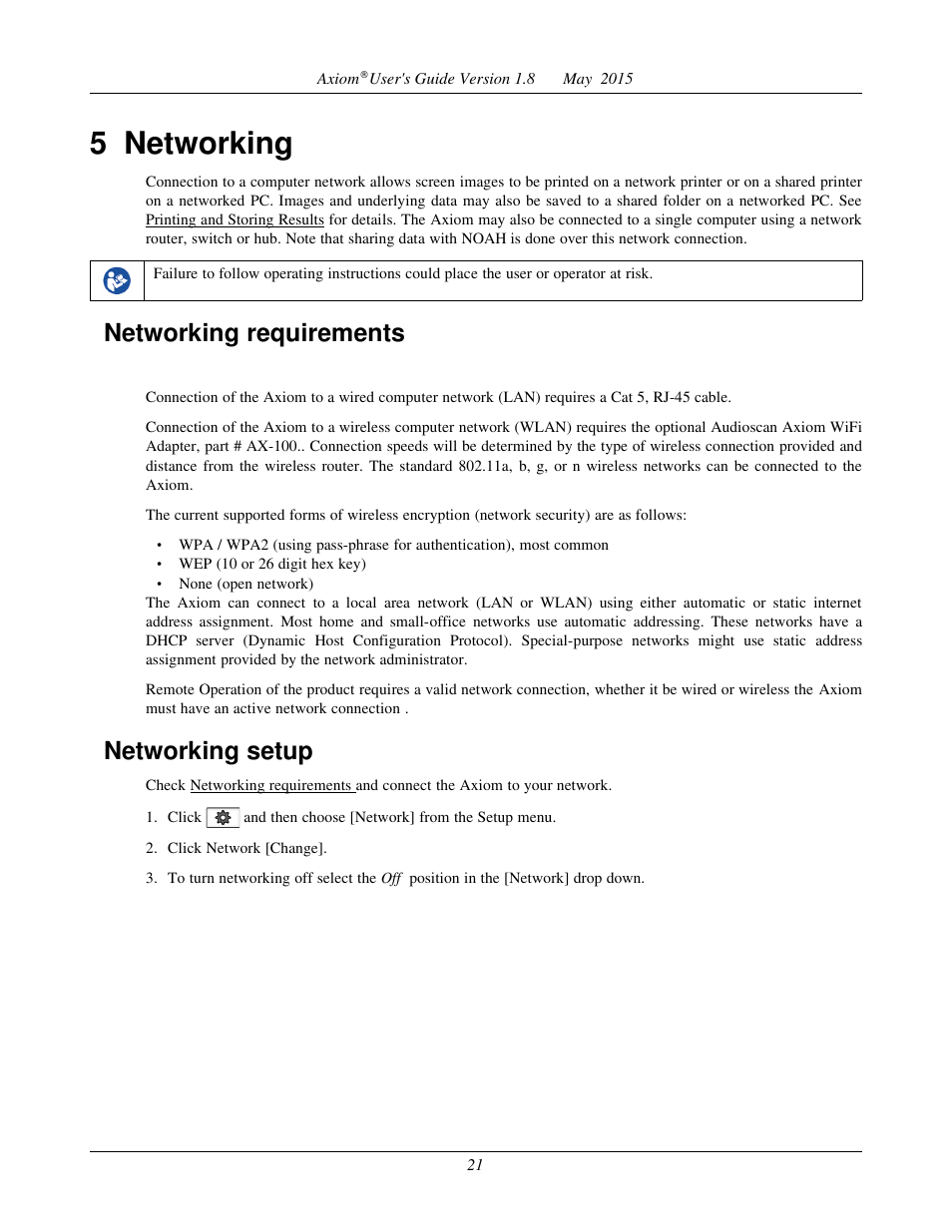5 networking, Networking requirements, Networking setup | Audioscan Axiom User Manual | Page 21 / 130