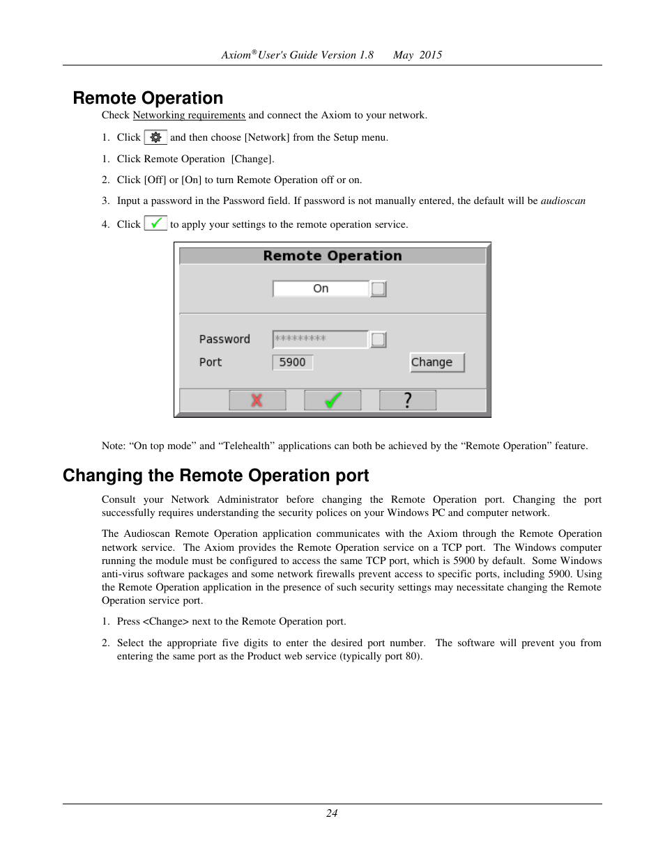 Remote operation, Changing the remote operation port | Audioscan Axiom User Manual | Page 24 / 130