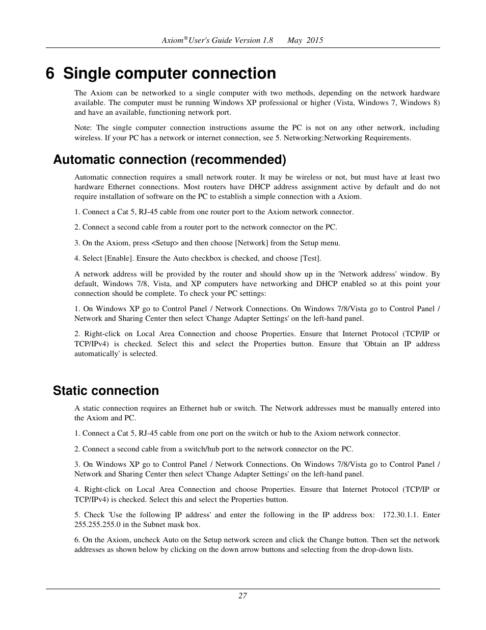 6 single computer connection, Automatic connection (recommended), Static connection | Audioscan Axiom User Manual | Page 27 / 130