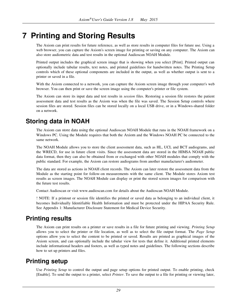 7 printing and storing results, Storing data in noah, Printing results | Printing setup | Audioscan Axiom User Manual | Page 29 / 130