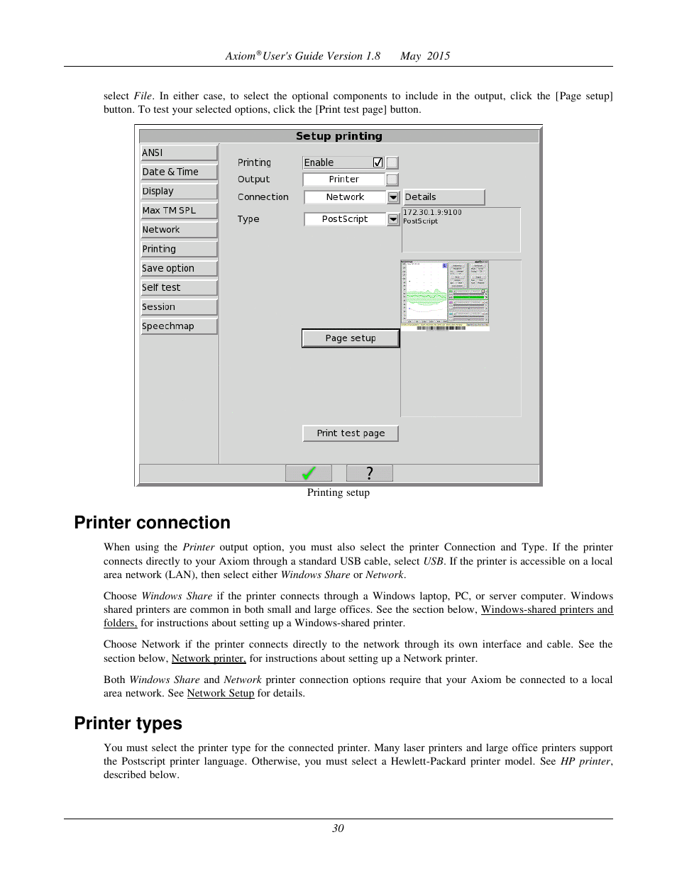 Printer connection, Printer types | Audioscan Axiom User Manual | Page 30 / 130