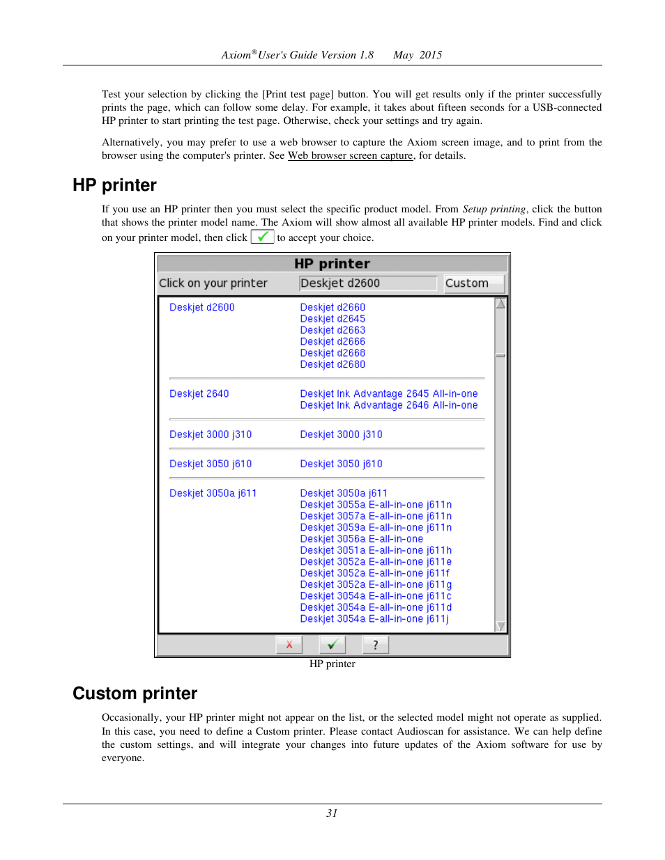 Hp printer, Custom printer | Audioscan Axiom User Manual | Page 31 / 130