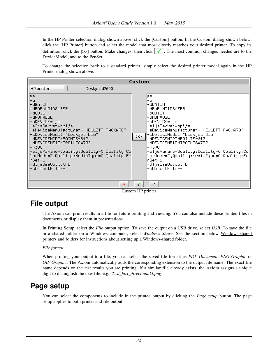 File output, Page setup | Audioscan Axiom User Manual | Page 32 / 130