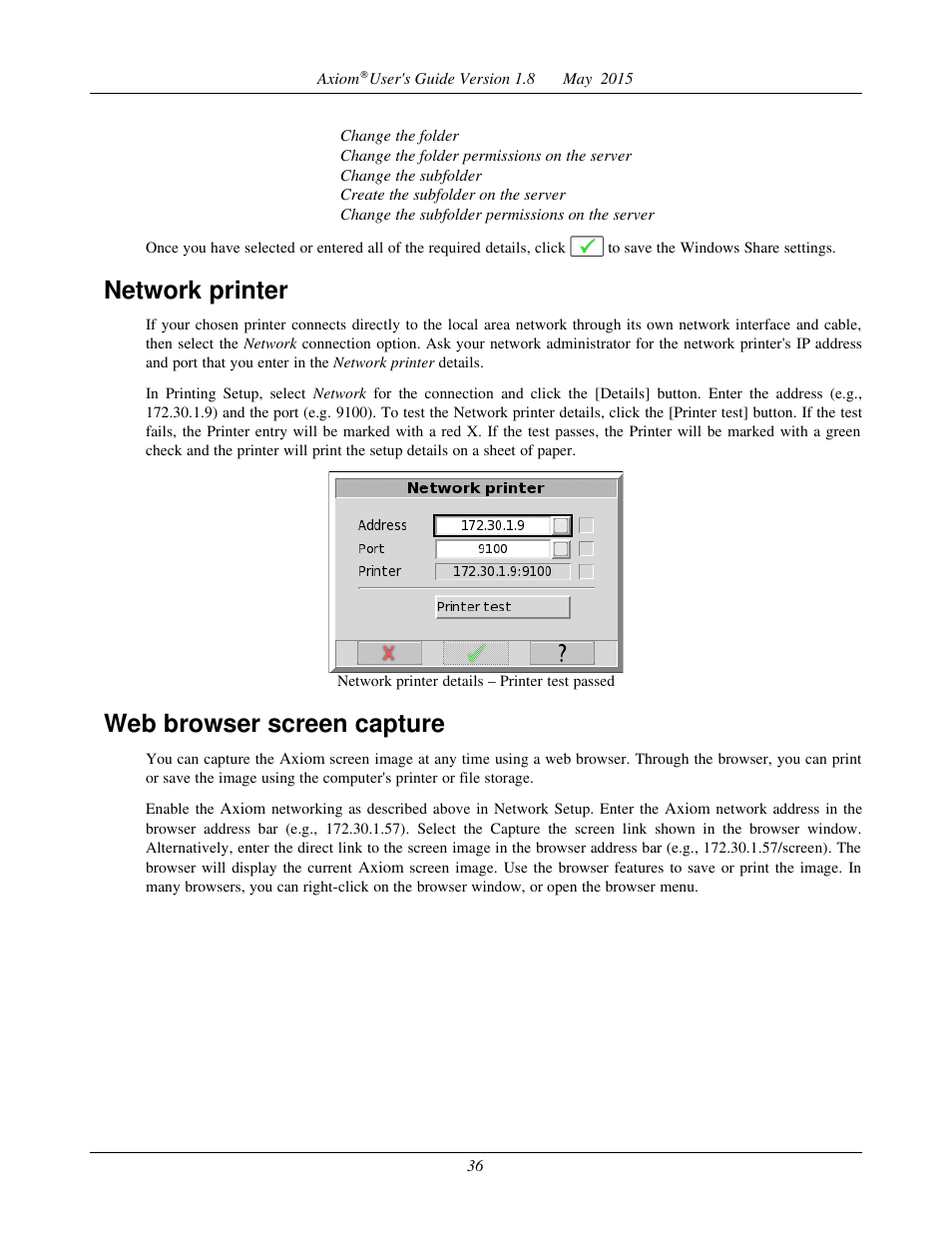 Network printer, Web browser screen capture | Audioscan Axiom User Manual | Page 36 / 130