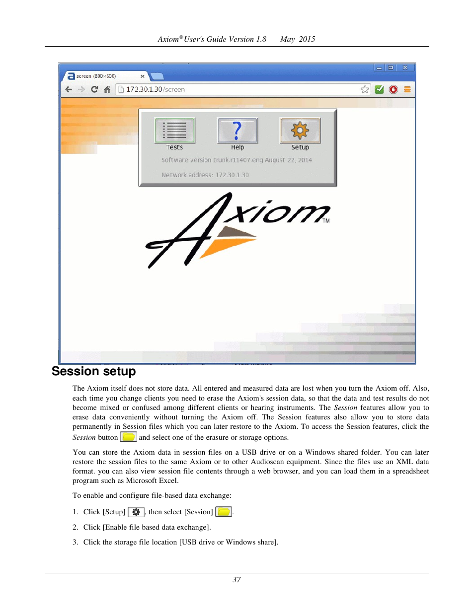 Session setup, Storing and restoring session files | Audioscan Axiom User Manual | Page 37 / 130