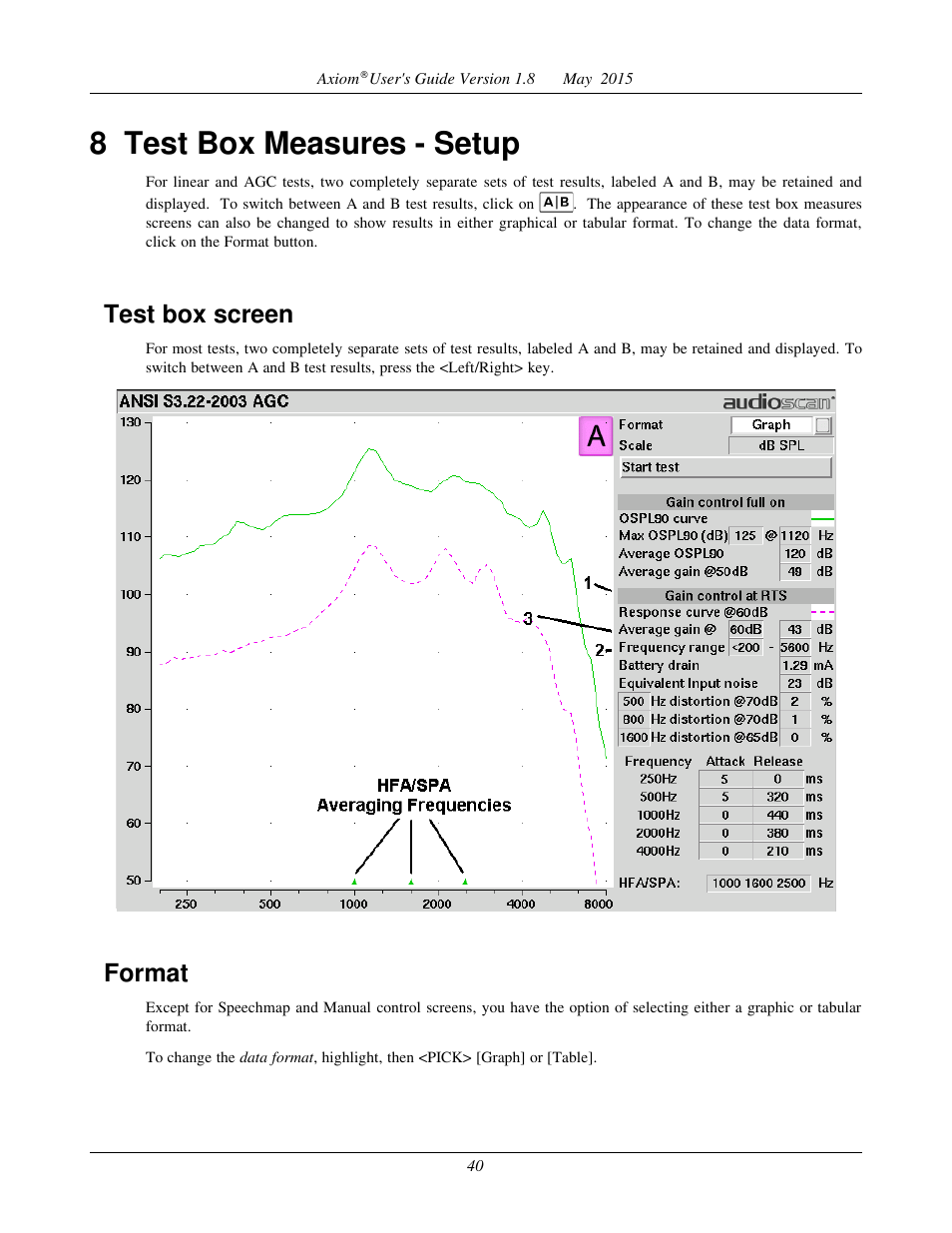 Scale, Hide or show test box curves, 1996 or 2003 ansi standard | Ansi test frequencies, 8 test box measures - setup, Test box screen, Format | Audioscan Axiom User Manual | Page 40 / 130