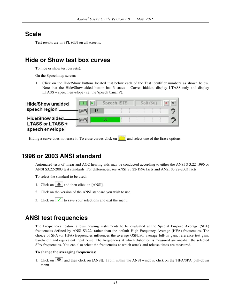 Test box calibration facts, Scale, Hide or show test box curves | Ansi test frequencies | Audioscan Axiom User Manual | Page 41 / 130