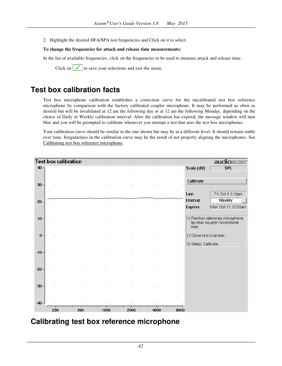Calibrating test box reference microphone, Calibration check for coupler microphone, Test box calibration facts | Audioscan Axiom User Manual | Page 42 / 130