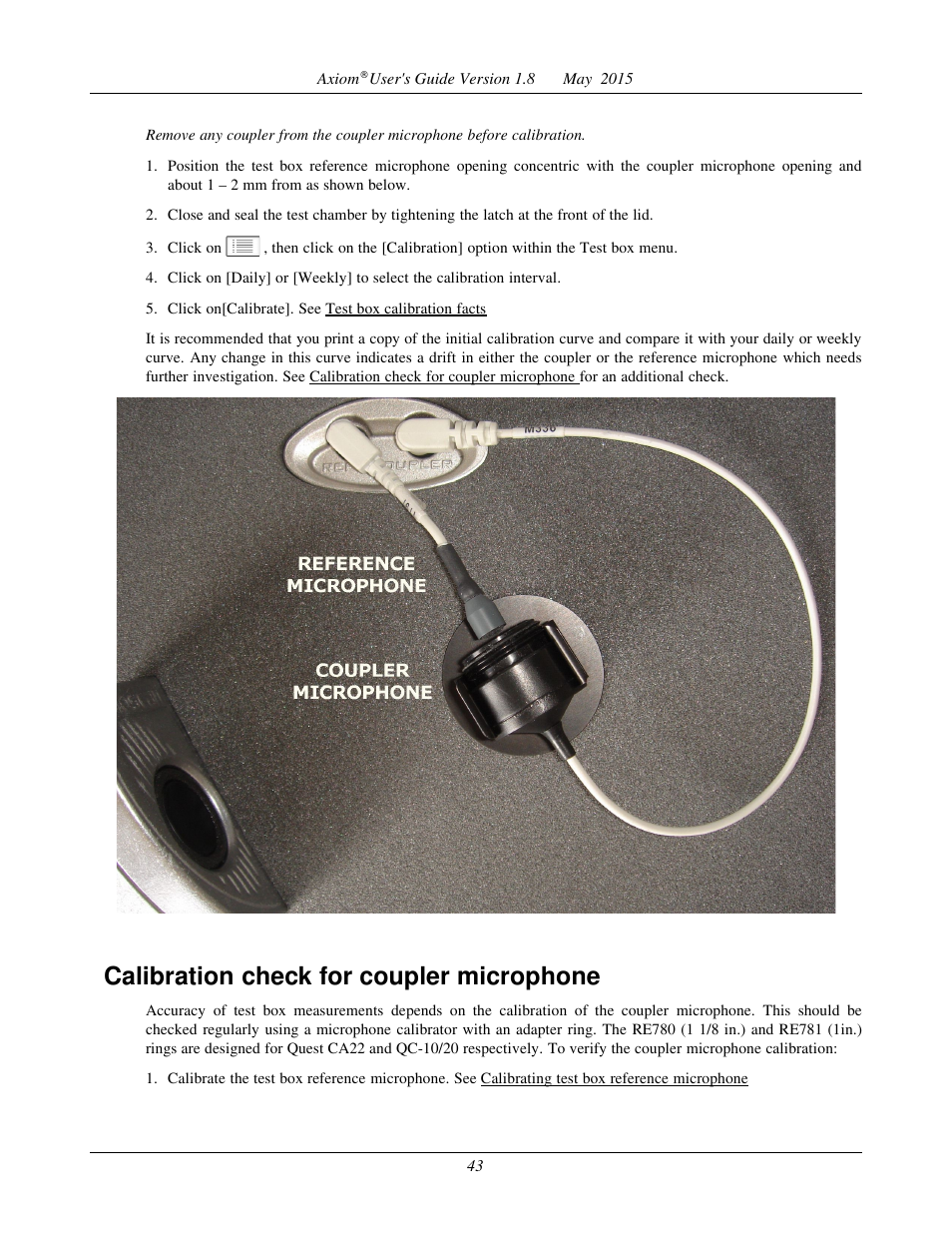 Coupling the hearing instrument for ansi tests, Calibration check for coupler microphone | Audioscan Axiom User Manual | Page 43 / 130