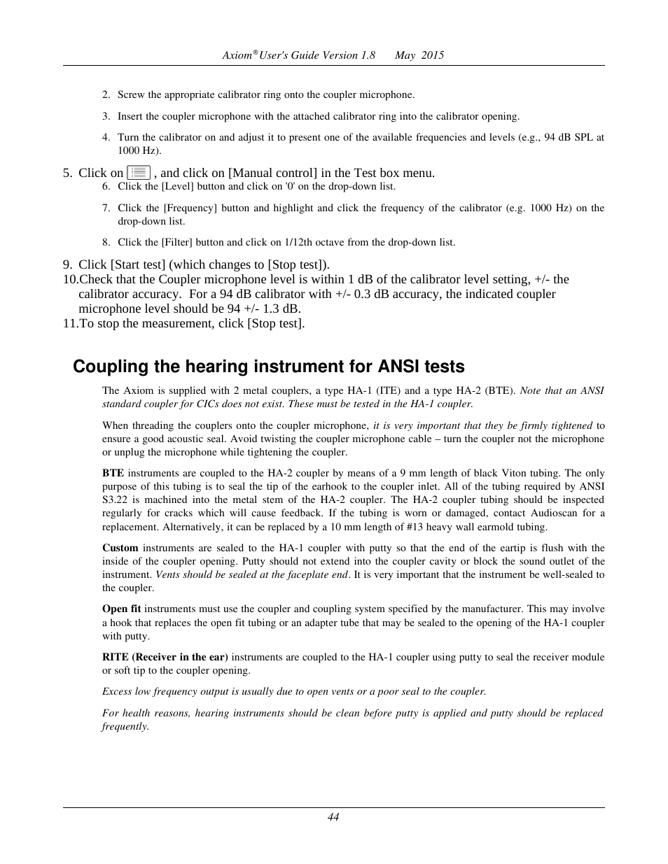 Positioning the hearing instrument, Coupling the hearing instrument for ansi tests | Audioscan Axiom User Manual | Page 44 / 130