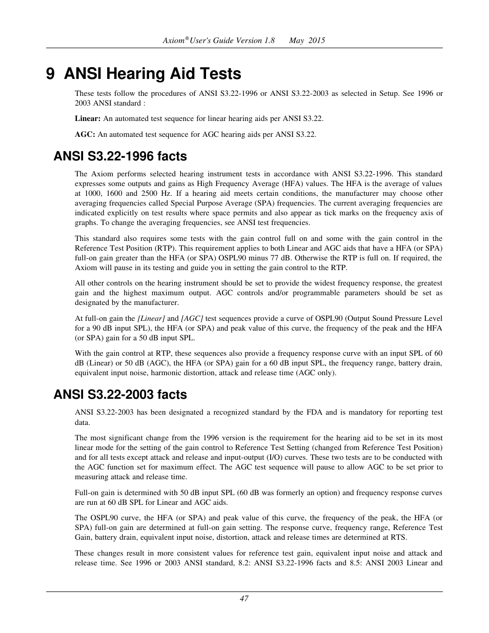 Ansi 1996 linear and agc tests, Ansi 2003 linear and agc tests, 9 ansi hearing aid tests | Audioscan Axiom User Manual | Page 47 / 130