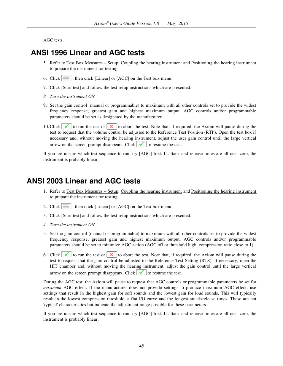Ansi test results, Ansi 1996 linear and agc tests, Ansi 2003 linear and agc tests | Audioscan Axiom User Manual | Page 48 / 130