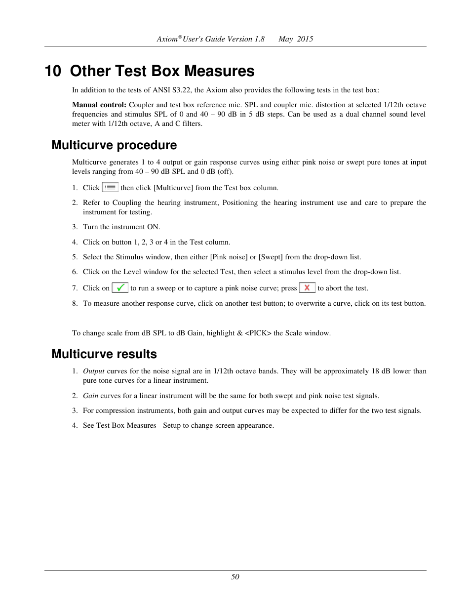 Spectral analysis in multicurve, Manual control procedure, 10 other test box measures | Multicurve procedure, Multicurve results | Audioscan Axiom User Manual | Page 50 / 130