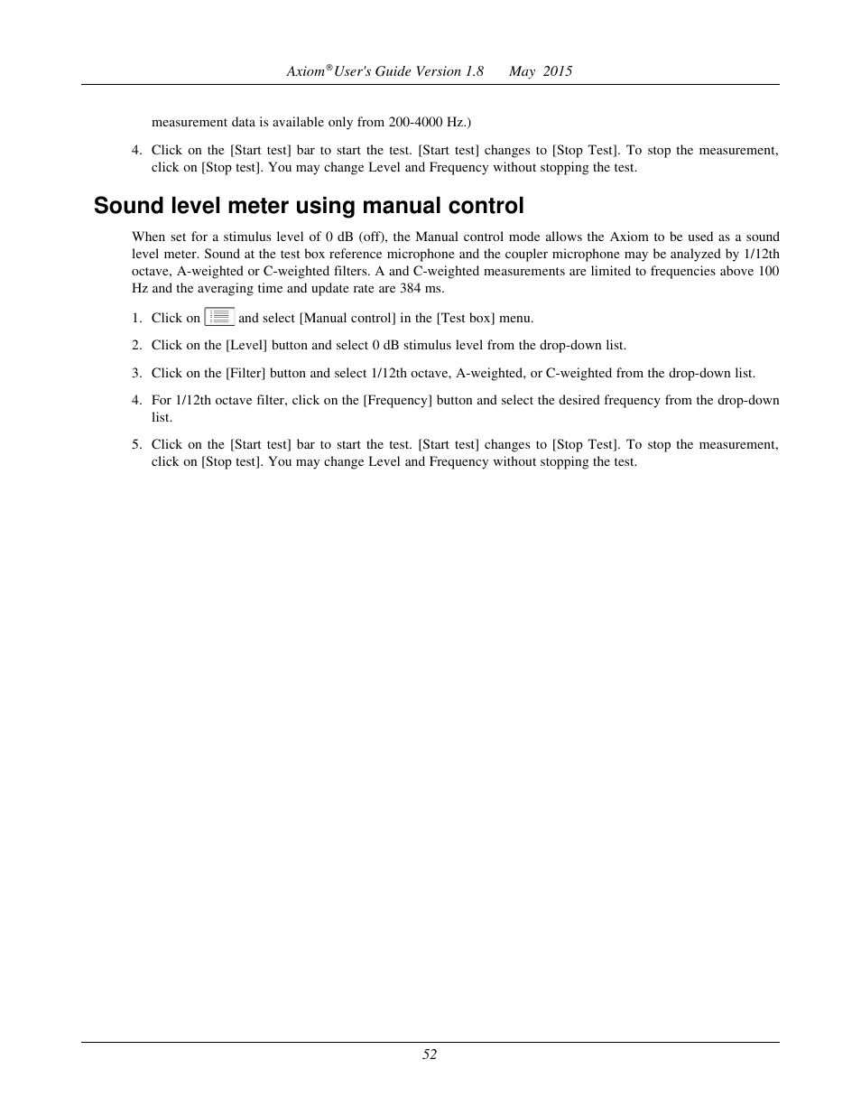 Sound level meter using manual control | Audioscan Axiom User Manual | Page 52 / 130