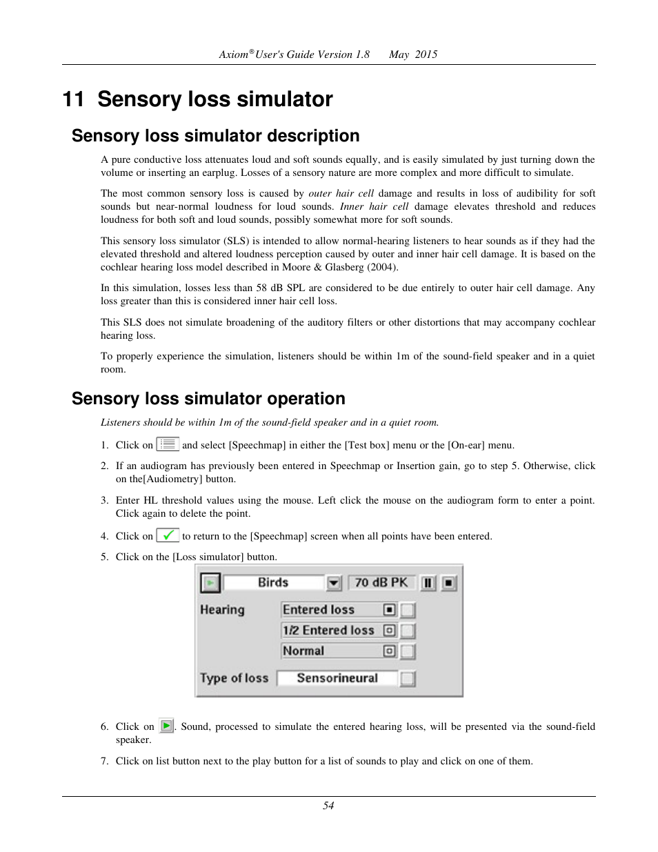 11 sensory loss simulator, Sensory loss simulator description, Sensory loss simulator operation | Audioscan Axiom User Manual | Page 54 / 130