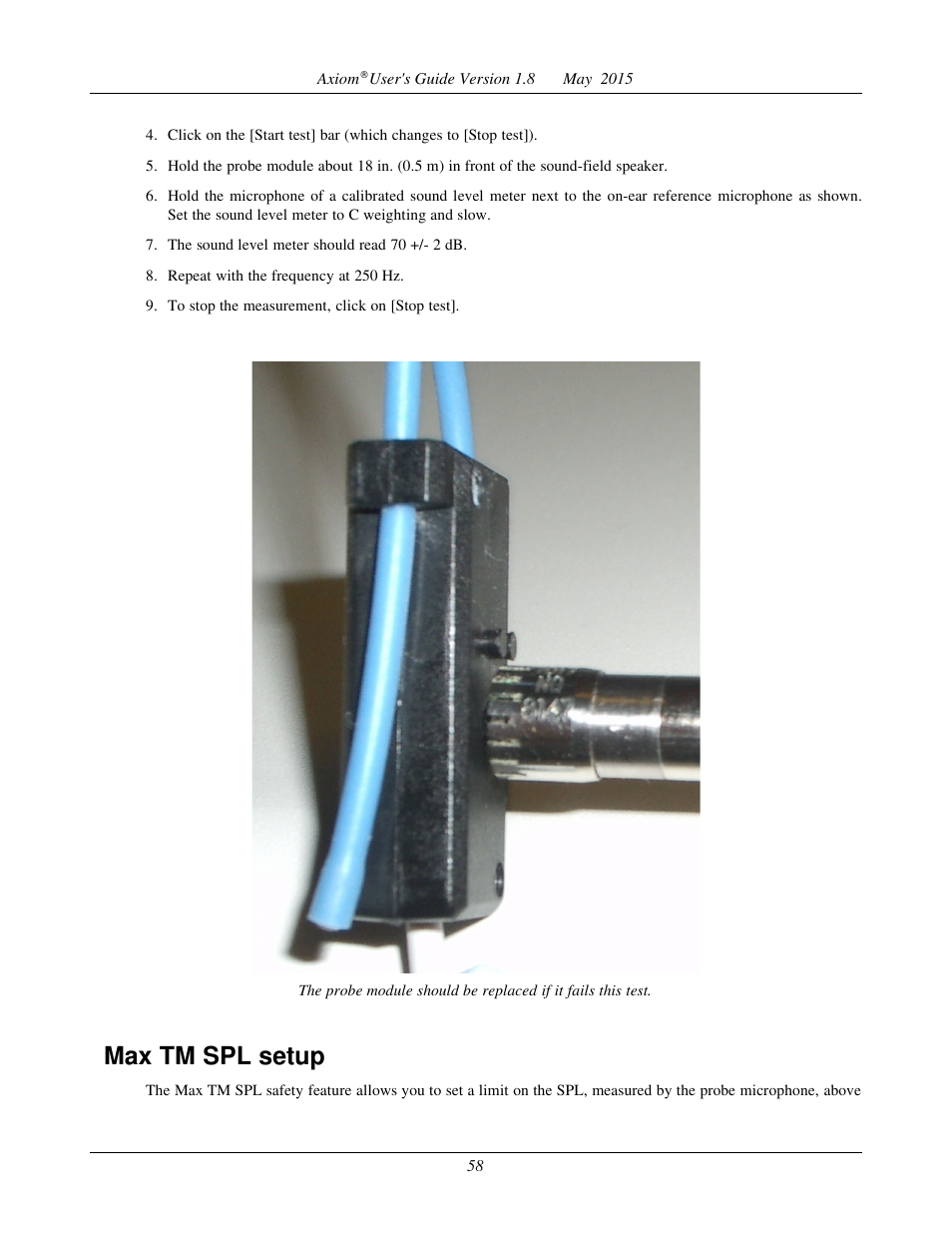 Positioning the client, Positioning the probe tube, Max tm spl setup | Audioscan Axiom User Manual | Page 58 / 130