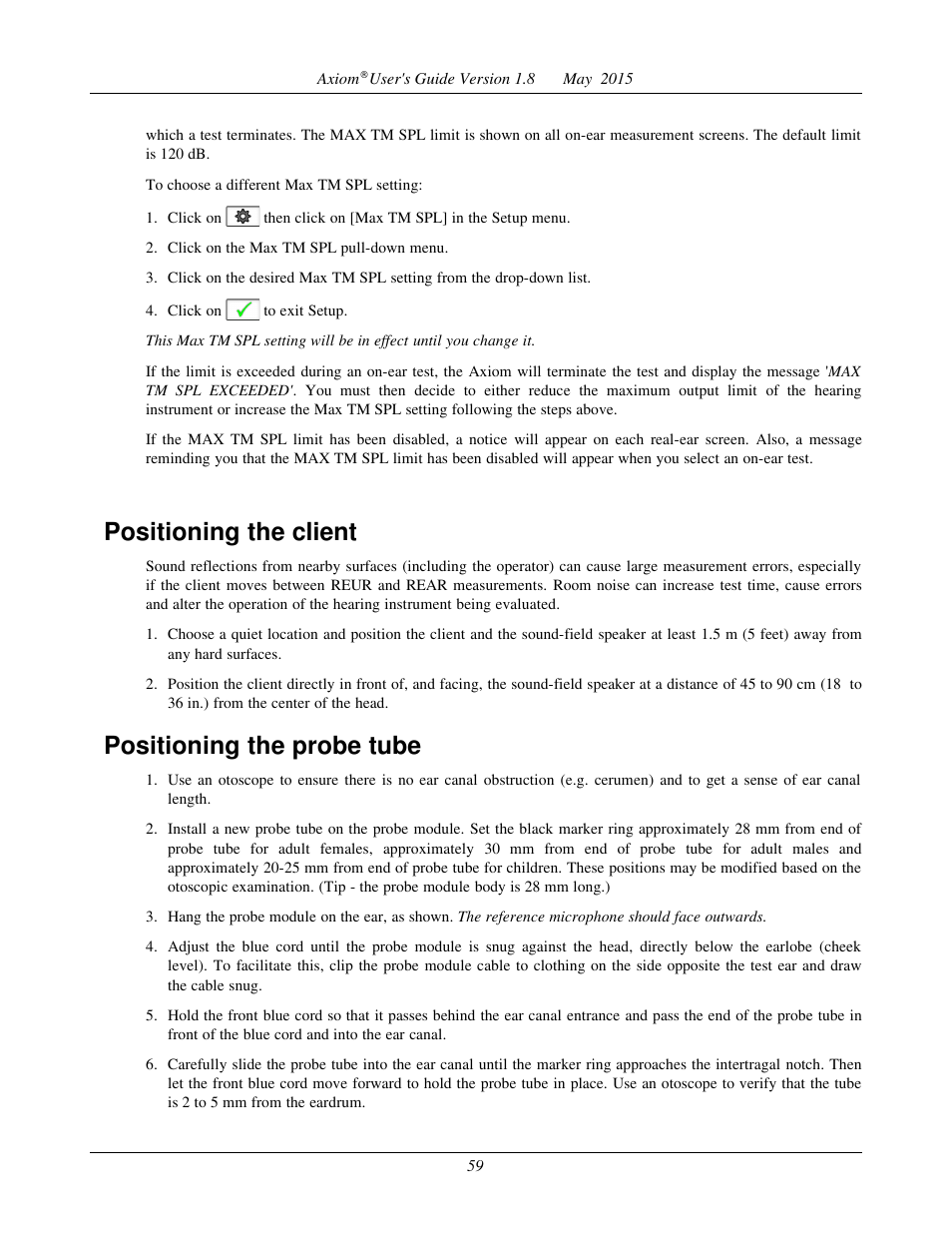 Positioning the client, Positioning the probe tube | Audioscan Axiom User Manual | Page 59 / 130